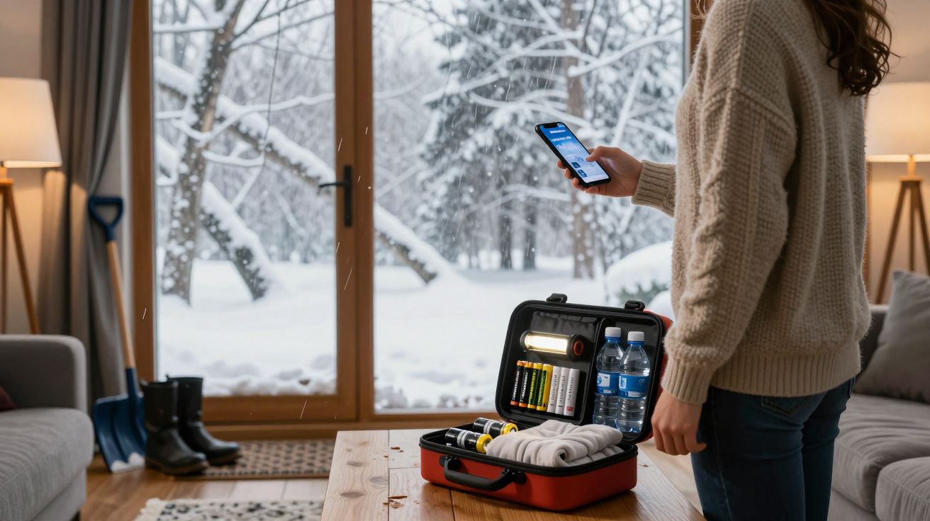 Mulher com camisola bege verifica telefone junto a kit de emergência num interior com neve na janela.