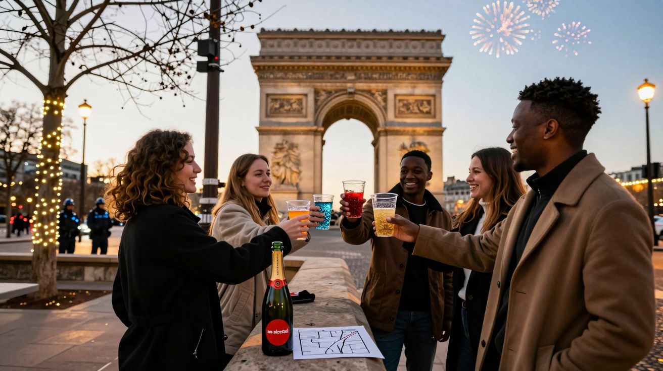 Grupo de amigos a brindar com bebidas junto ao Arco do Triunfo em Paris ao pôr do sol e fogos de artifício.
