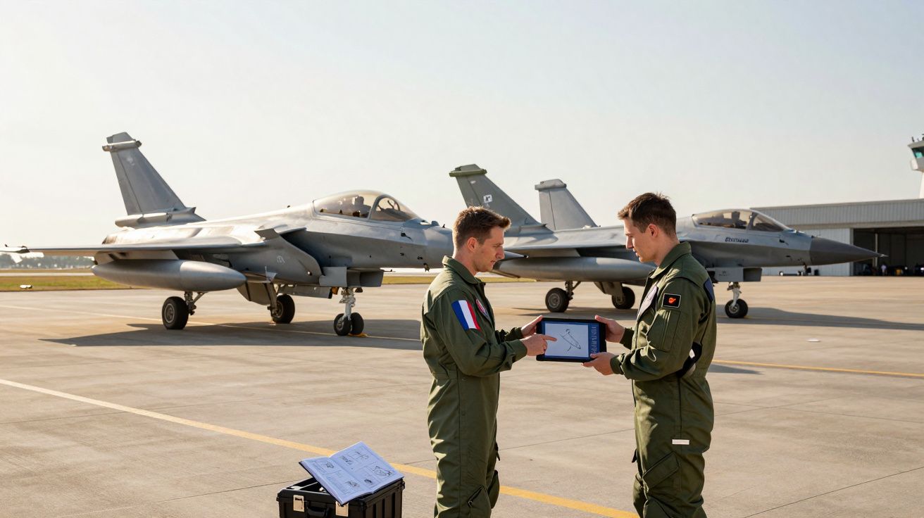 Dois pilotos militares em fato de voo verde consultam um tablet em pista com três caças estacionados.