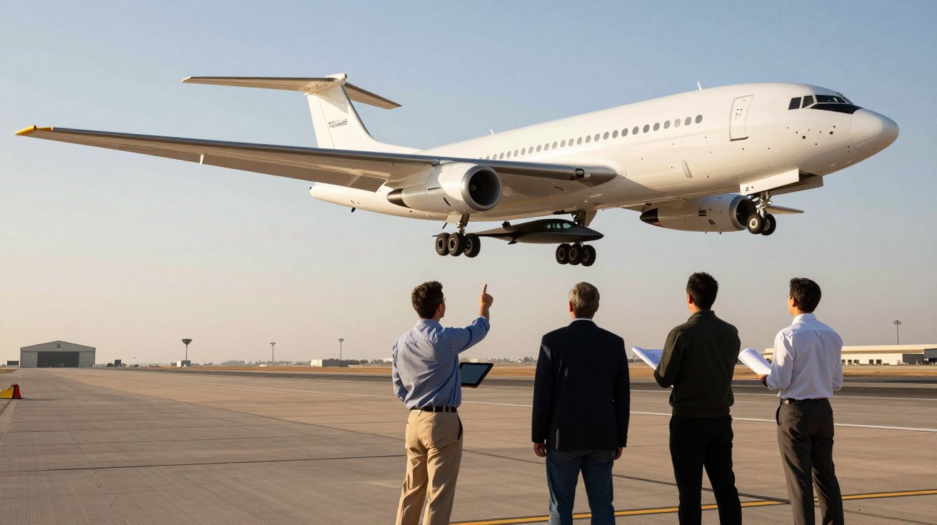 Quatro homens observam e apontam um avião branco a aterrar numa pista de aeroporto ao pôr do sol.
