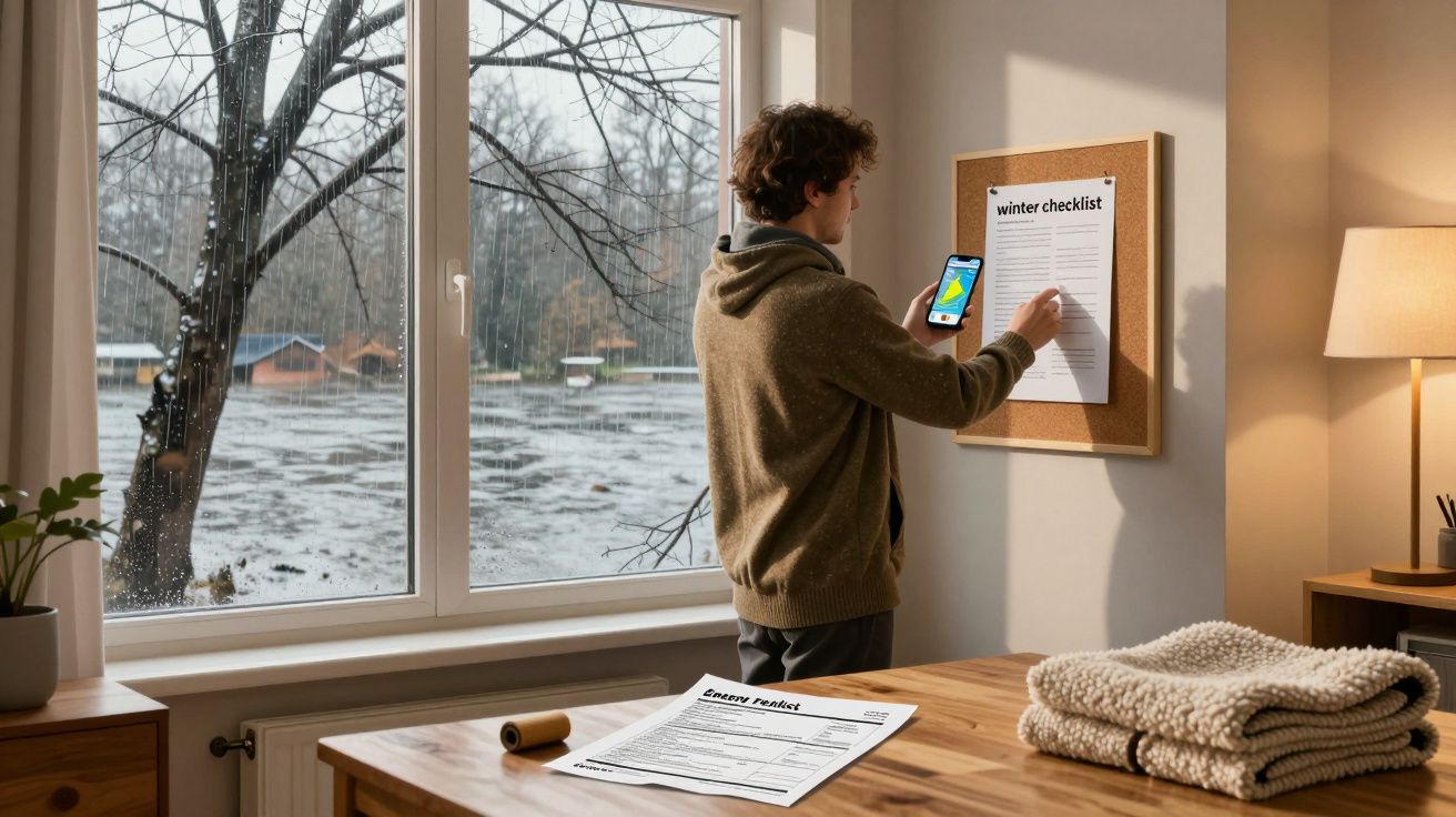 Homem vê lista de tarefas de inverno num quadro de cortiça junto a janela com chuva e árvores.