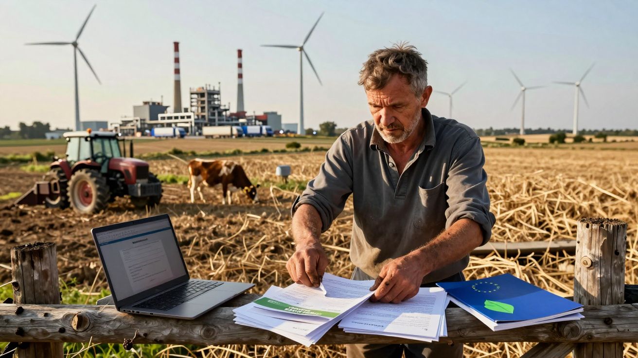 Agricultor a analisar documentos numa quinta com moinho de vento, vacas e trator ao fundo.