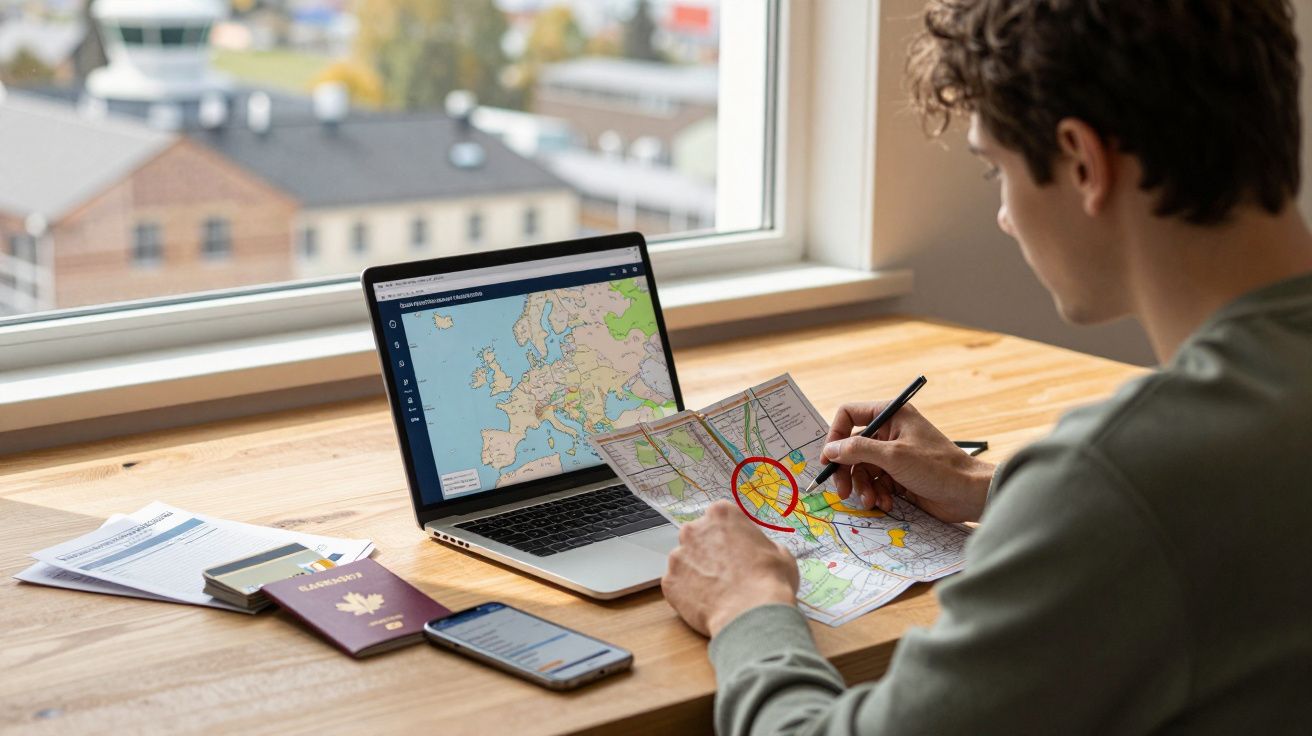 Pessoa planeando viagem em mapa e laptop aberto com mapa da Europa numa secretária junto a passaporte e telemóvel.