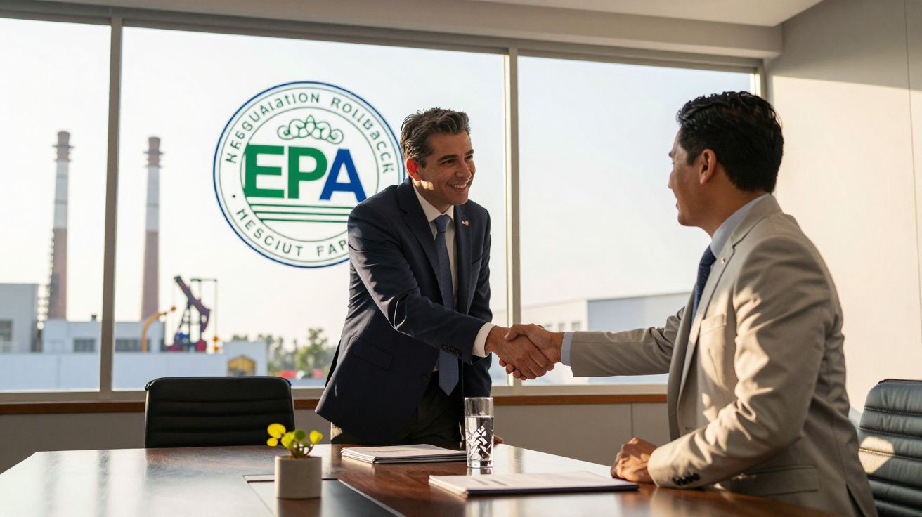 Dois homens de negócios a cumprimentar-se com aperto de mãos numa sala de reunião com janela grande e logo da EPA.