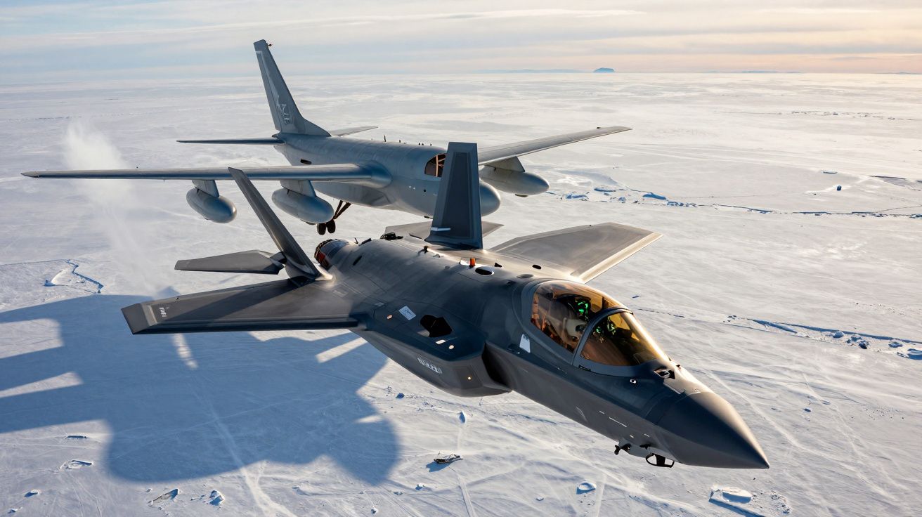 Dois aviões militares a voar sobre uma paisagem coberta de neve e gelo, numa formação próxima.