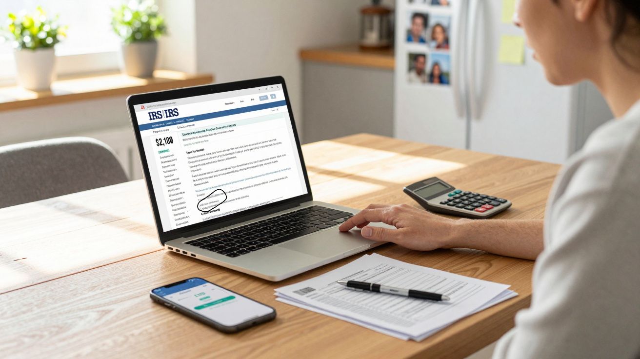 Pessoa a consultar documentos fiscais no computador portátil, com telemóvel, calculadora e papéis numa mesa de madeira.