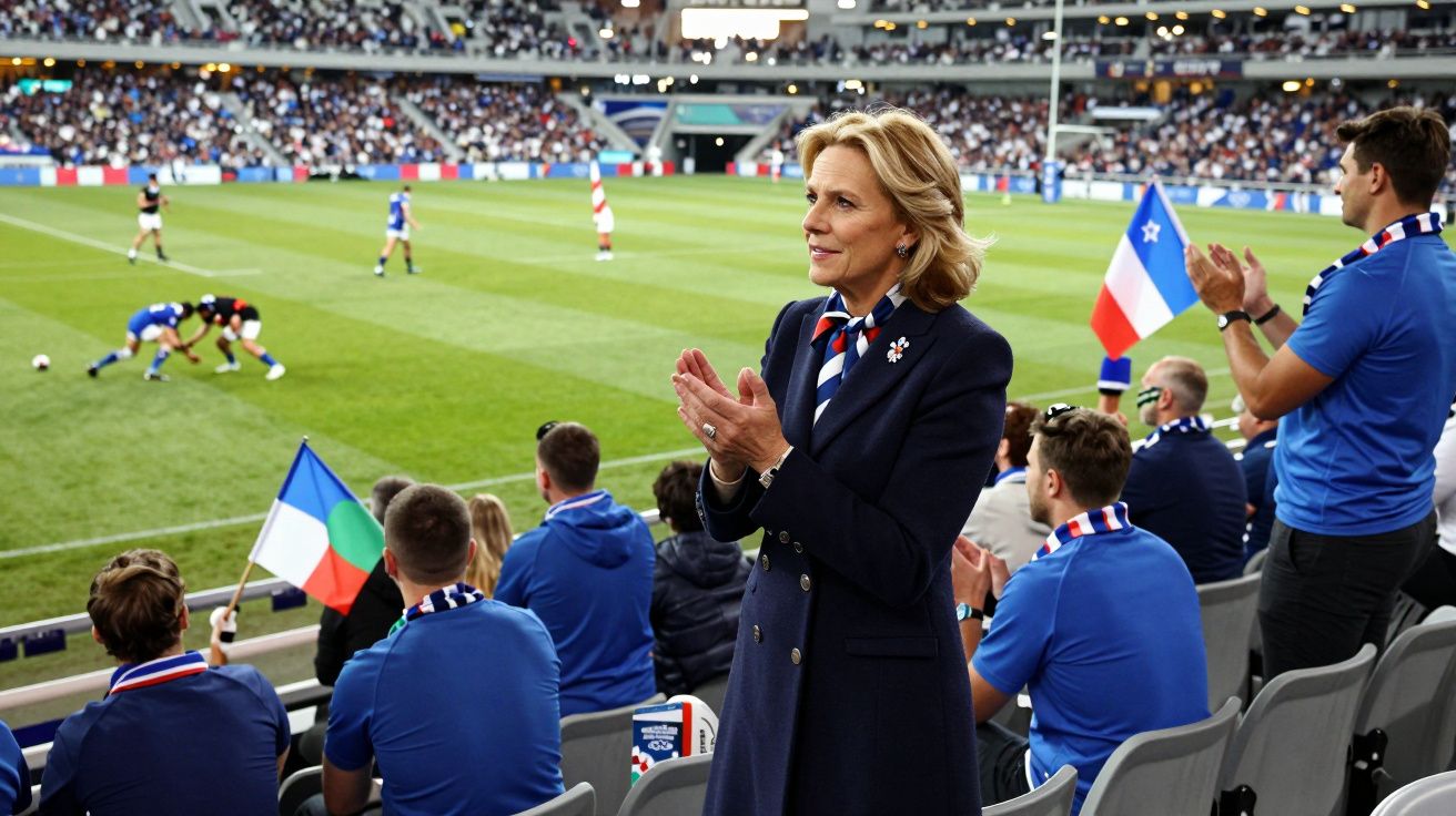 Mulher a aplaudir num estádio de rugby, rodeada por adeptos com camisolas azuis e bandeiras nacionais.