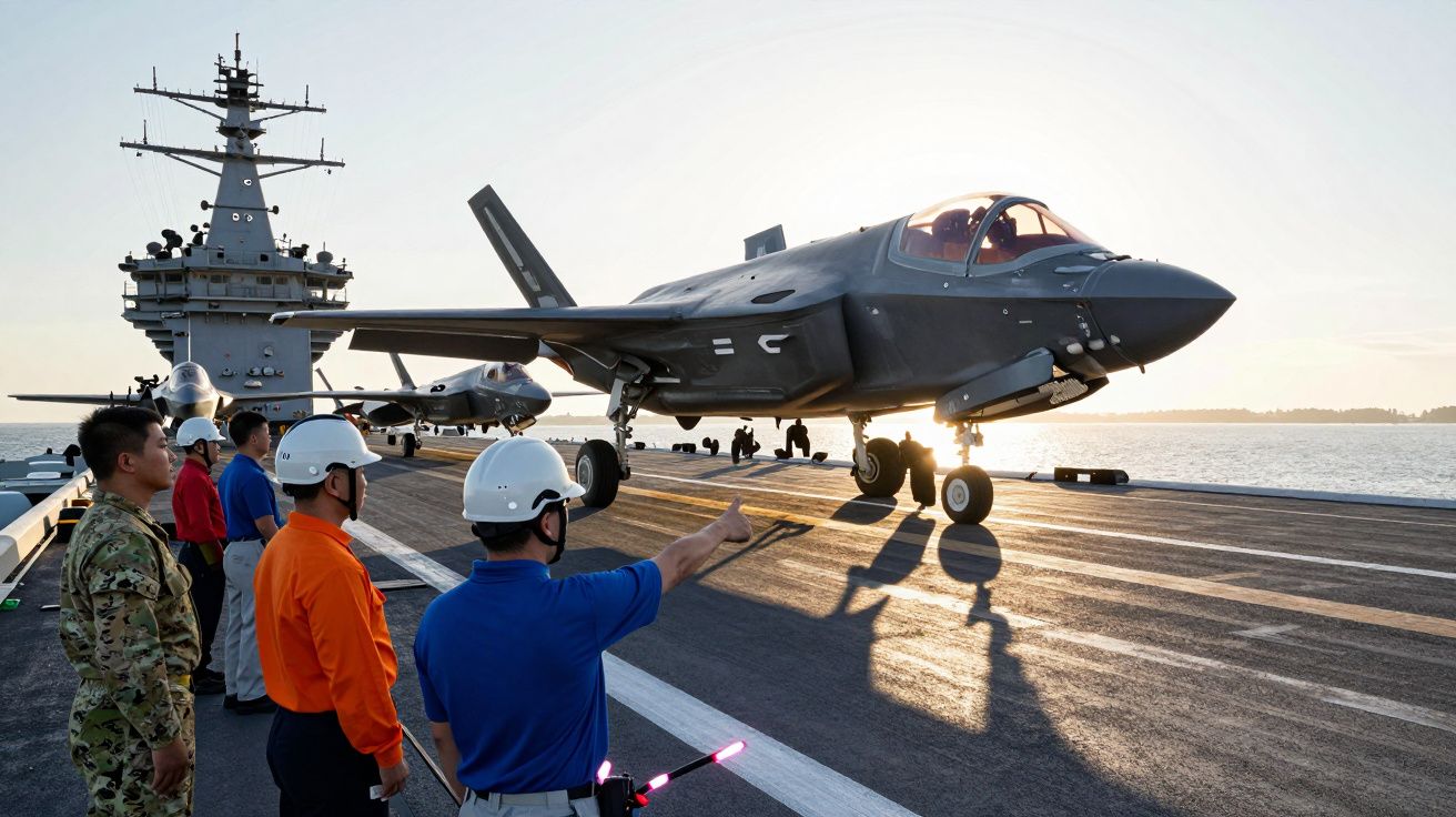 Caça F-35 descola de porta-aviões com equipe militar a observar durante o pôr do sol.