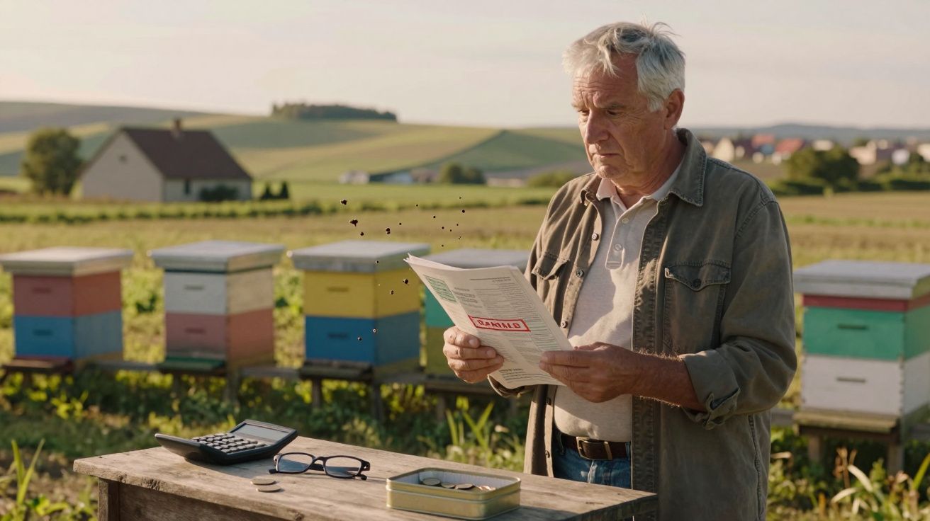 Apicultor idoso lê jornal ao ar livre perto de colmeias coloridas num campo ensolarado.