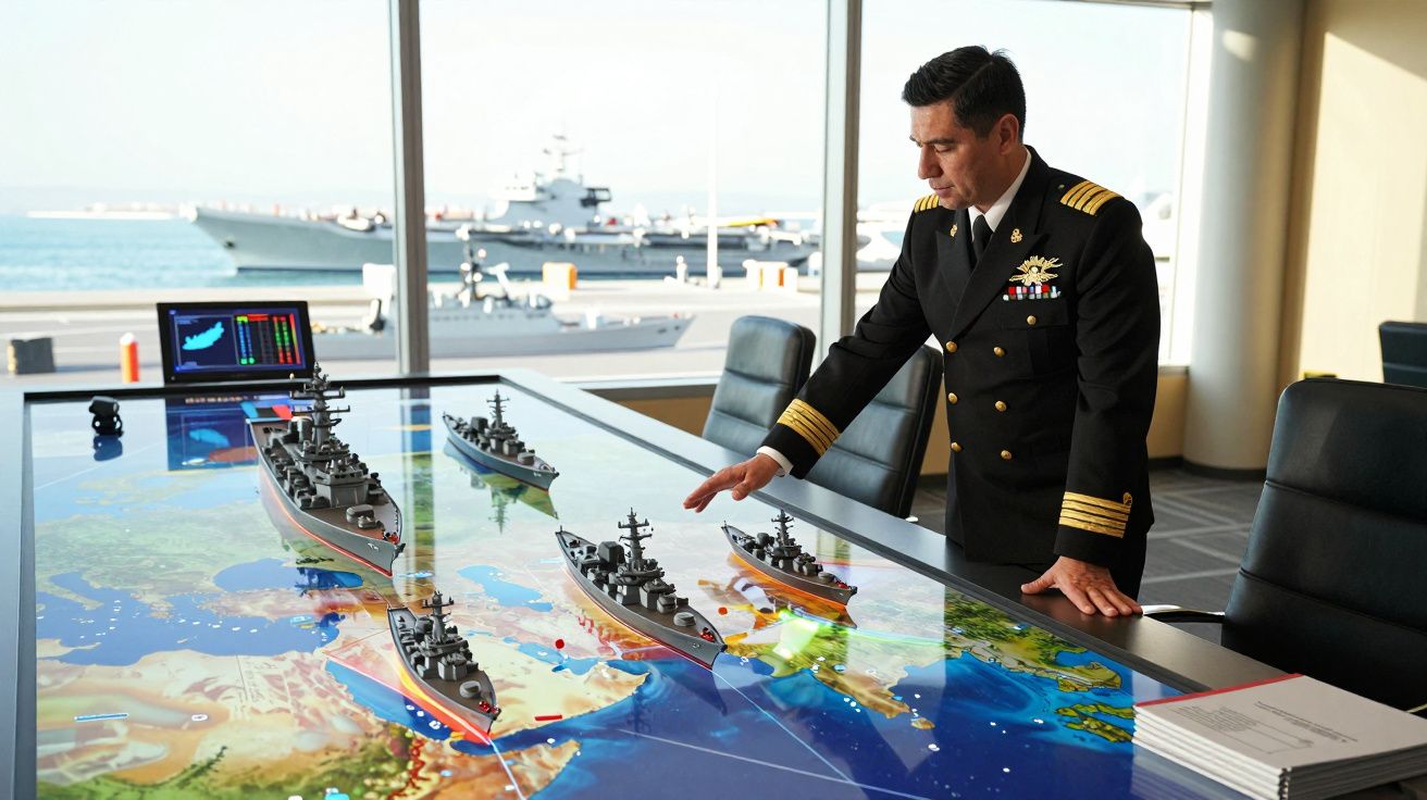 Oficial naval em uniforme a analisar modelos de navios de guerra numa mesa com mapa marítimo digital.