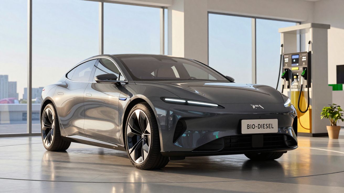 Carro desportivo cinzento estacionado numa área moderna de abastecimento com rótulo "BIO-DIESEL".