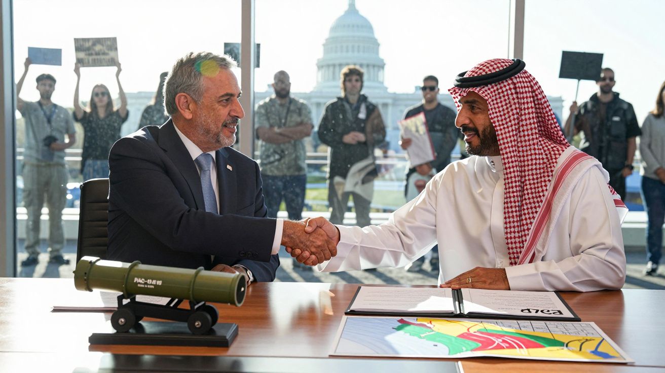 Dois homens, um ocidental e outro árabe, apertam as mãos numa mesa com mapas e um canhão, sinais de protesto ao fundo.