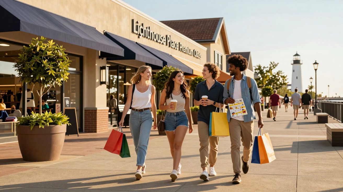 Quatro jovens a caminhar felizes com sacos de compras à frente de lojas num passeio urbano ensolarado.