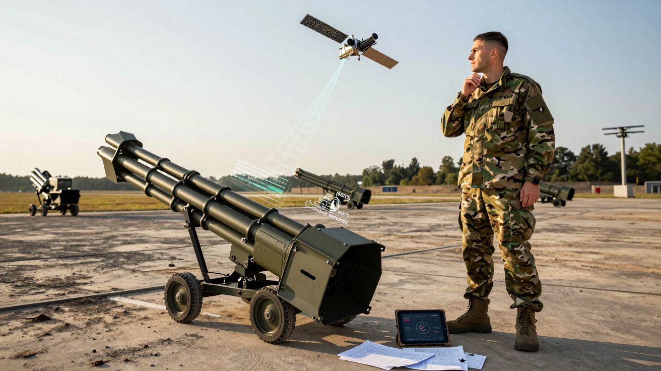 Soldado militar em uniforme camuflado junto a armamento e tablet, com satélite sobrevoando área aberta.