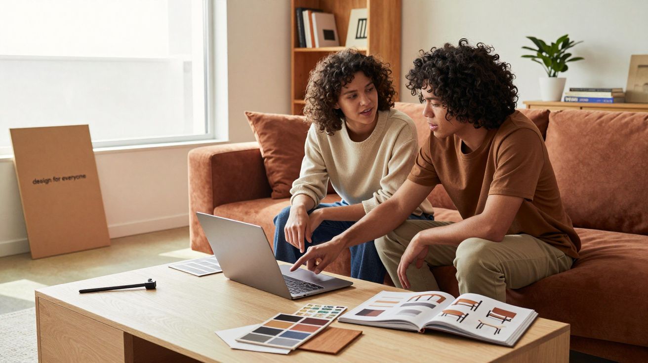 Duas pessoas sentadas no sofá a discutir enquanto olham para um computador portátil e amostras de cores numa mesa.