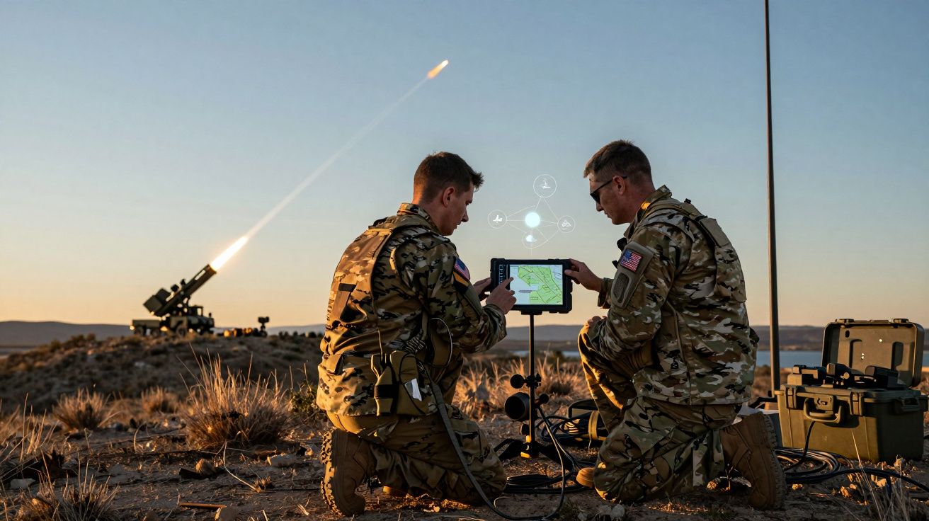 Dois soldados em uniforme camuflado operam equipamento tecnológico durante lançamento de míssil ao pôr do sol.