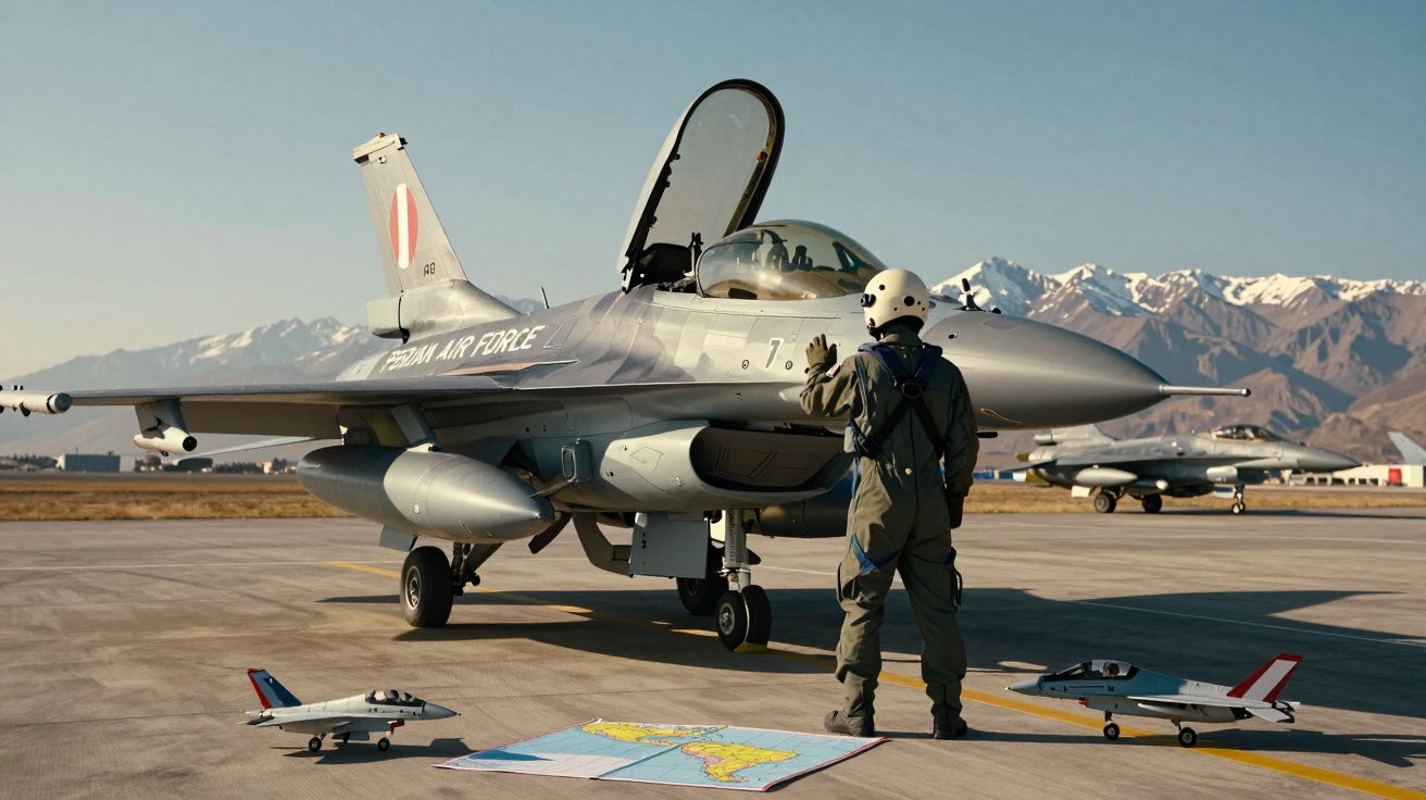 Piloto em pista diante de caça F-16 da Força Aérea Peruana com montanhas ao fundo e dois modelos de aviões pequenos.