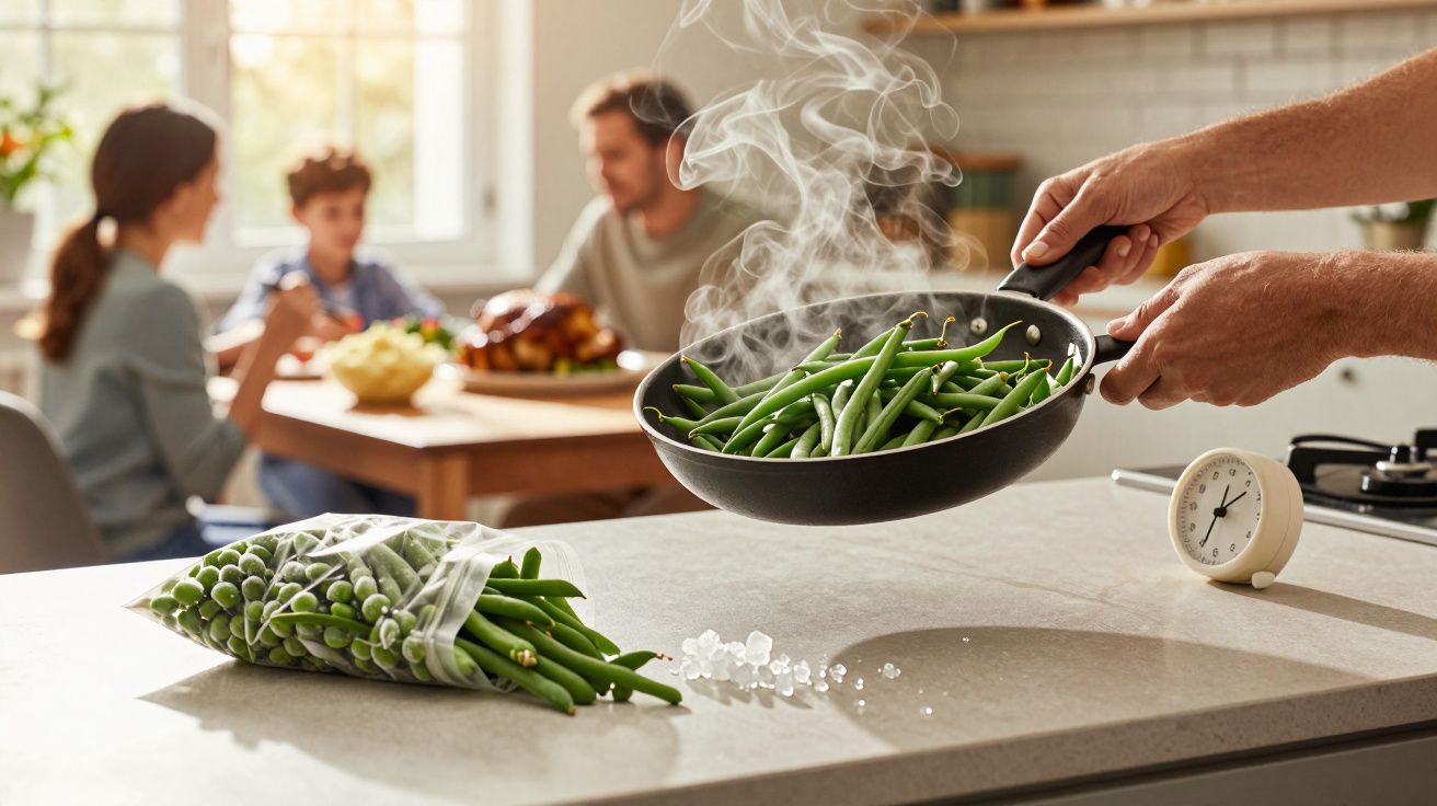 Pessoa a cozinhar feijão-verde numa frigideira numa cozinha com família ao fundo.