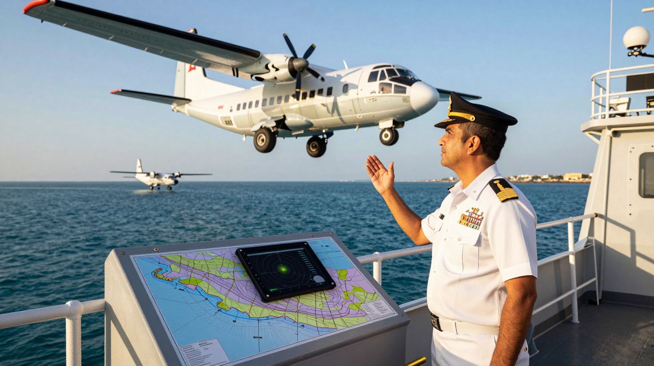 Oficial naval em convés de navio observa avião militar a descolar sobre o mar.