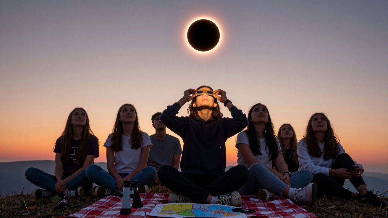 Grupo de jovens sentados na natureza a observar um eclipse solar ao pôr do sol.