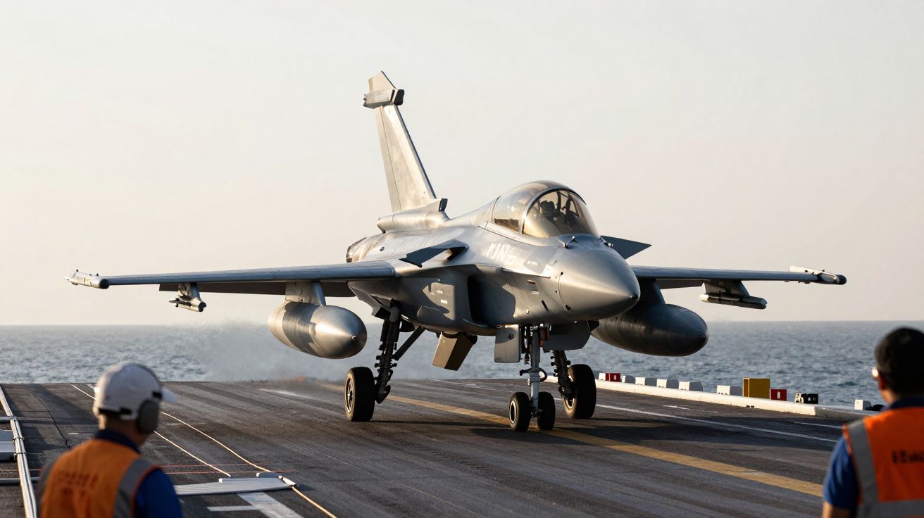 Caça militar a descolar de porta-aviões no mar, com dois membros da tripulação na pista de voo.