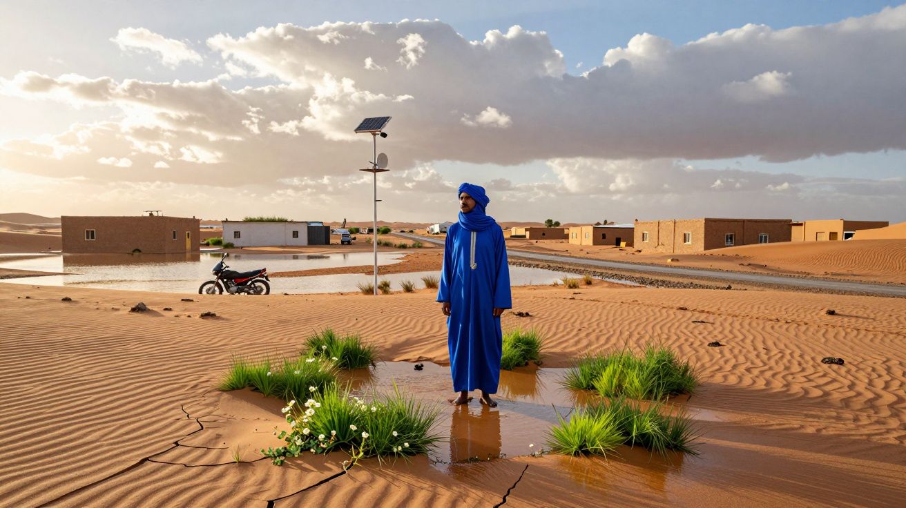 Homem vestido de azul em oásis com casas e moto no deserto sob céu nublado ao entardecer.