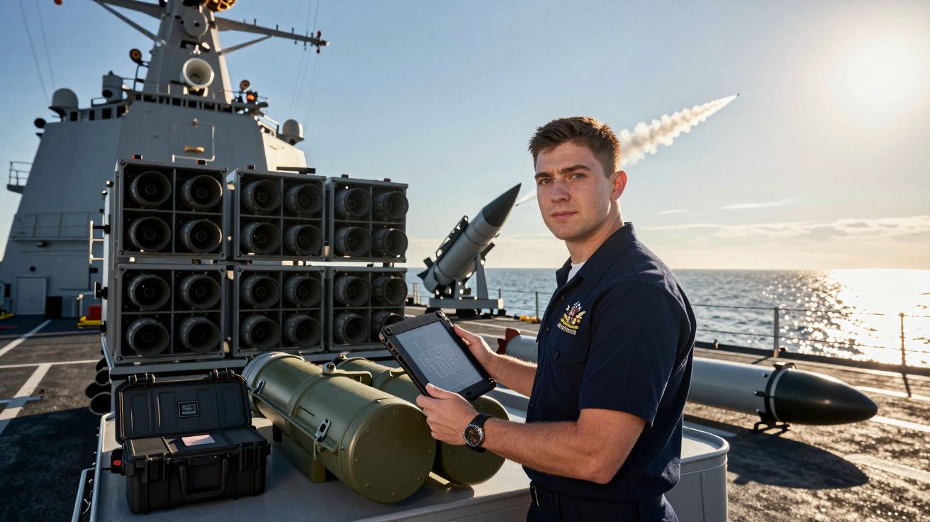 Militar da marinha a operar dispositivo digital num navio de guerra com mísseis e mar ao fundo.