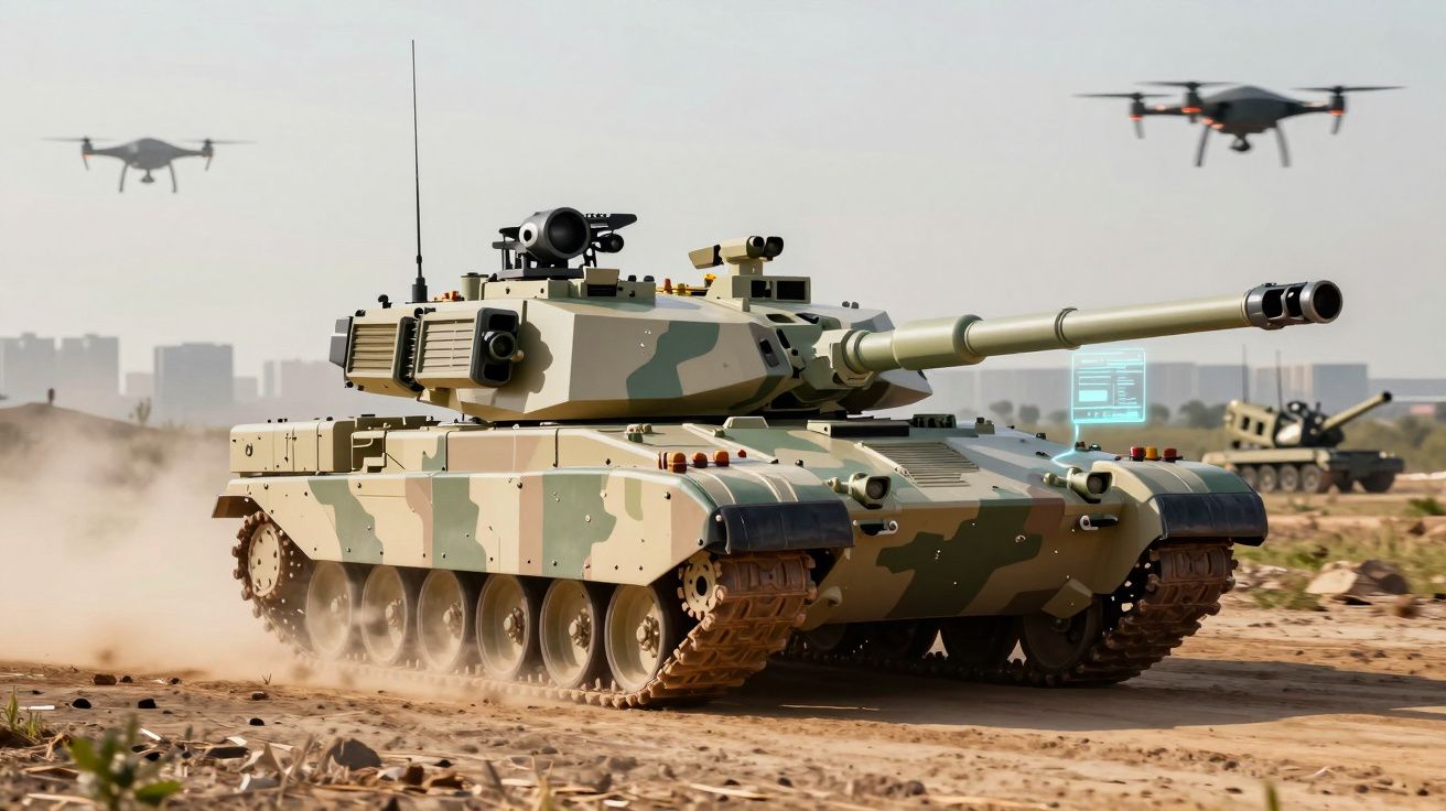 Tanque militar camuflado a operar em campo aberto com drones voando ao fundo.
