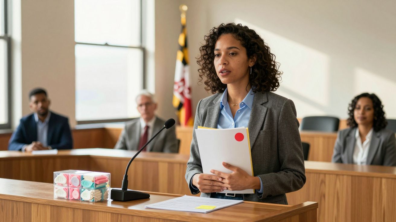 Jovem advogada fala ao tribunal segurando pastas, com jurados ao fundo num tribunal moderno.