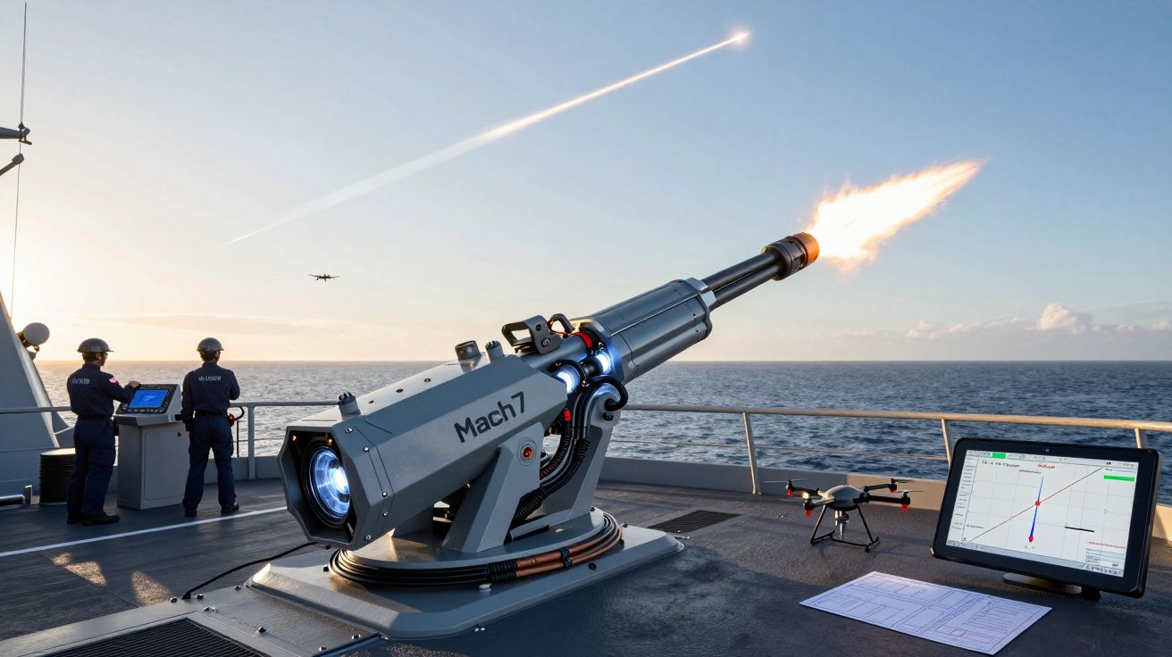 Cano de canhão automático Mach7 a disparar no convés de um navio com tripulação e drone visíveis ao fundo.