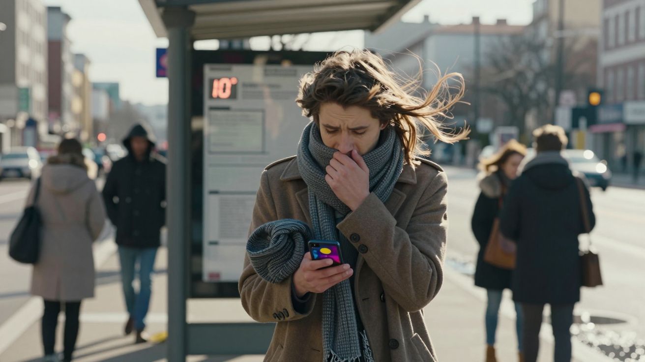 Jovem com casaco e cachecol consulta o telemóvel numa paragem de autocarro em dia frio com vento.