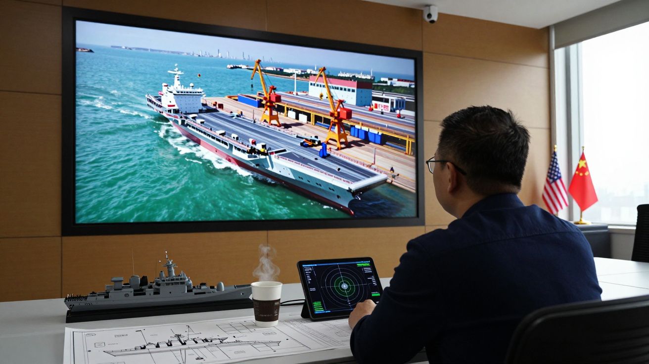 Homem numa sala de controlo a observar ecrã gigante com navio militar em doca, bandeiras dos EUA e China ao fundo.