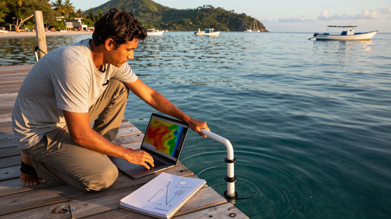 Homem com portátil e caderno recolhe dados com sensor ligado ao mar num cais junto a barcos.