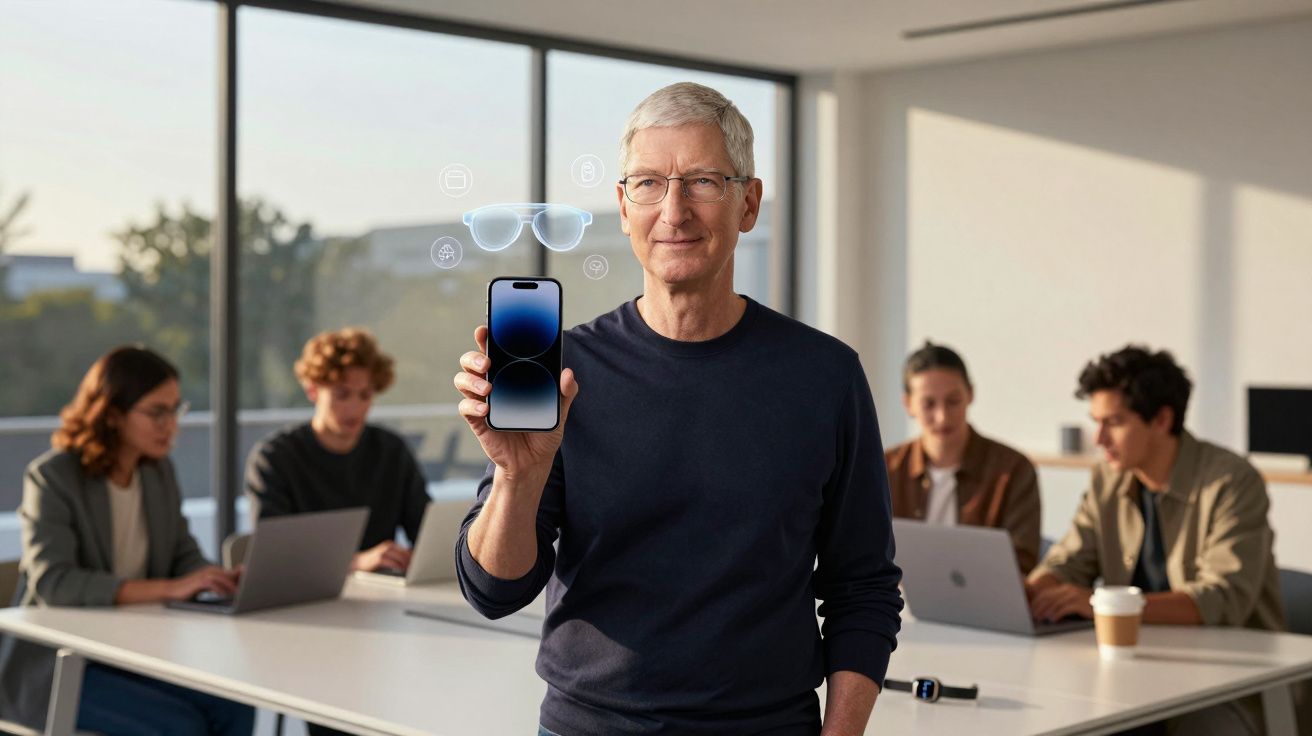 Homem de meia-idade apresenta smartphone num escritório moderno com colegas a trabalhar ao fundo.