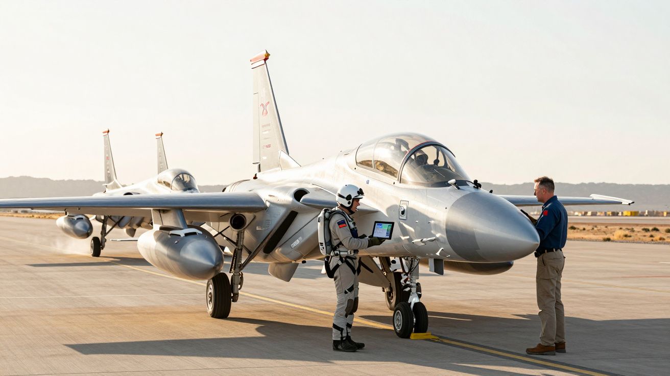 Dois homens ao lado de dois aviões militares estacionados numa pista de aeroporto ao entardecer.