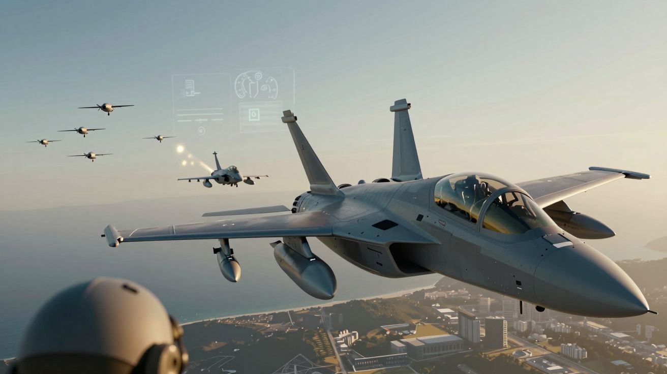 Formação de cinco aviões militares a sobrevoar uma cidade ao pôr do sol.