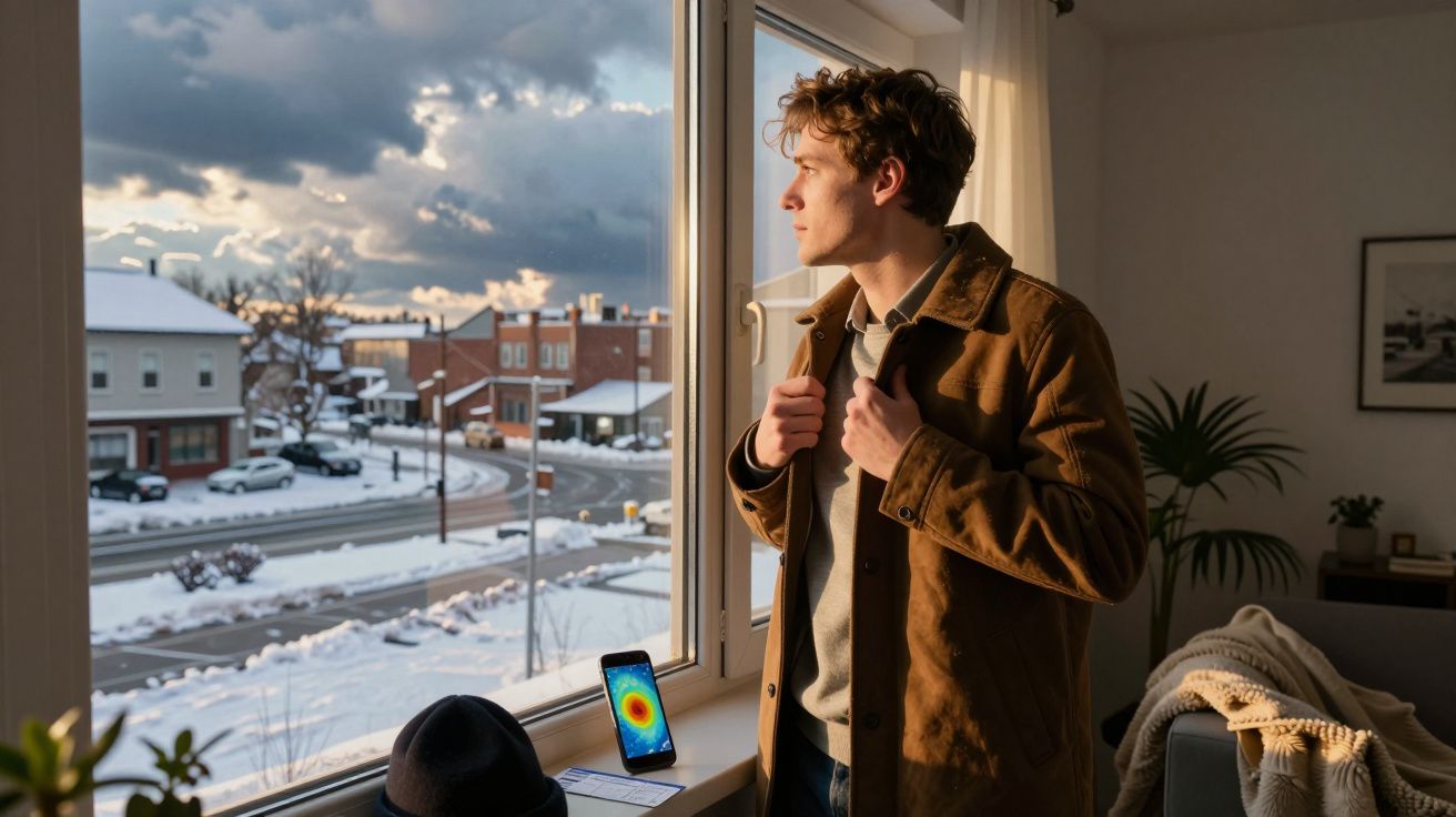 Jovem de casaco castanho olha pela janela para rua coberta de neve enquanto o sol se põe.