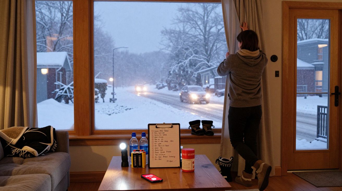 Interior de casa com mesa e pessoa junto à janela, vista para neve e carros numa rua coberta de neve.