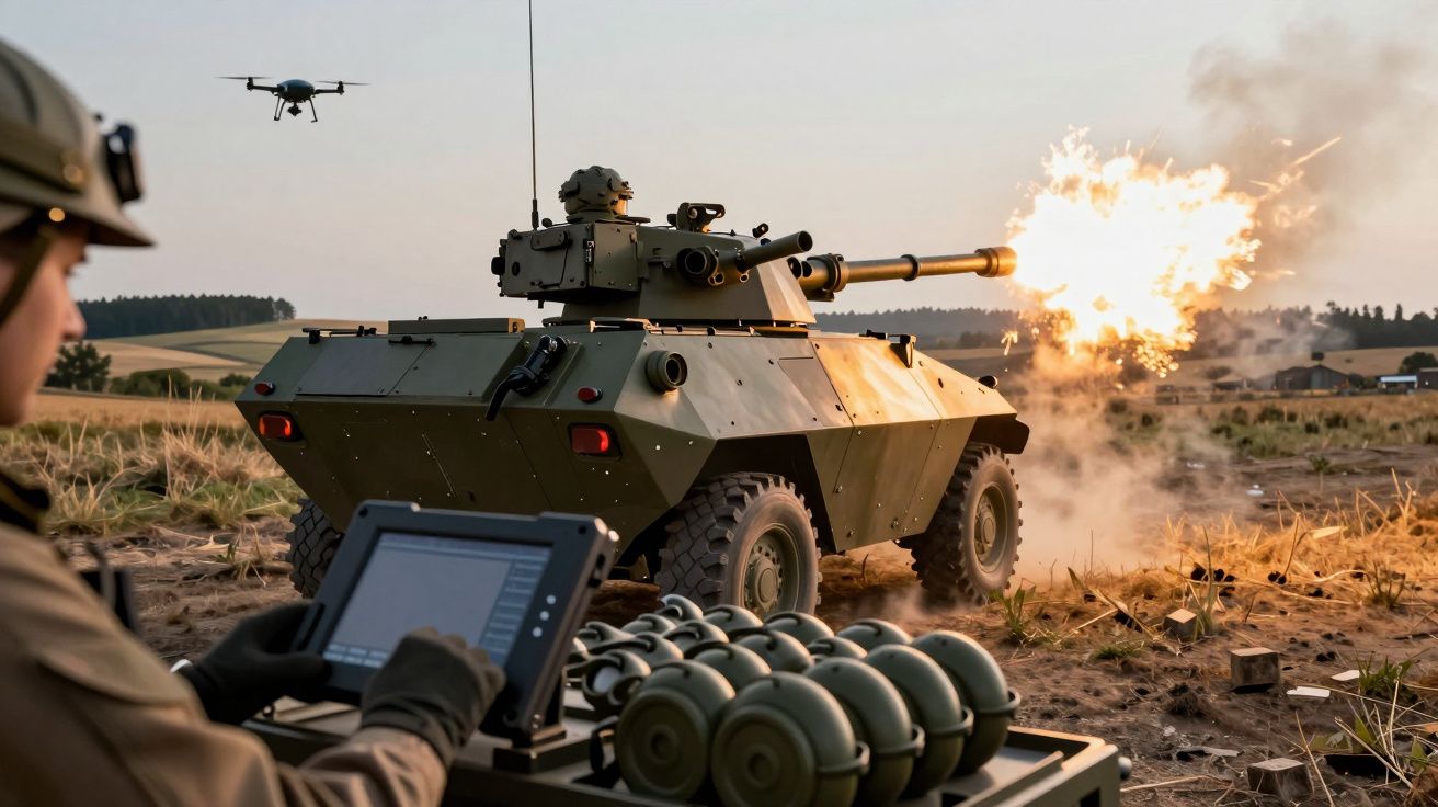 Veículo militar blindado a disparar em campo aberto com soldado a operar controlo remoto e drone no ar.