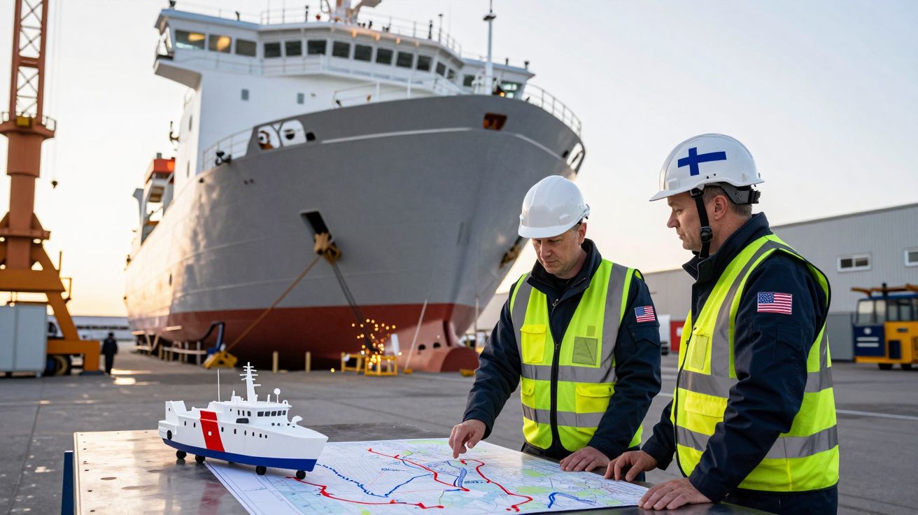 Dois trabalhadores com coletes e capacetes, analisando um mapa junto a um modelo de navio no porto.