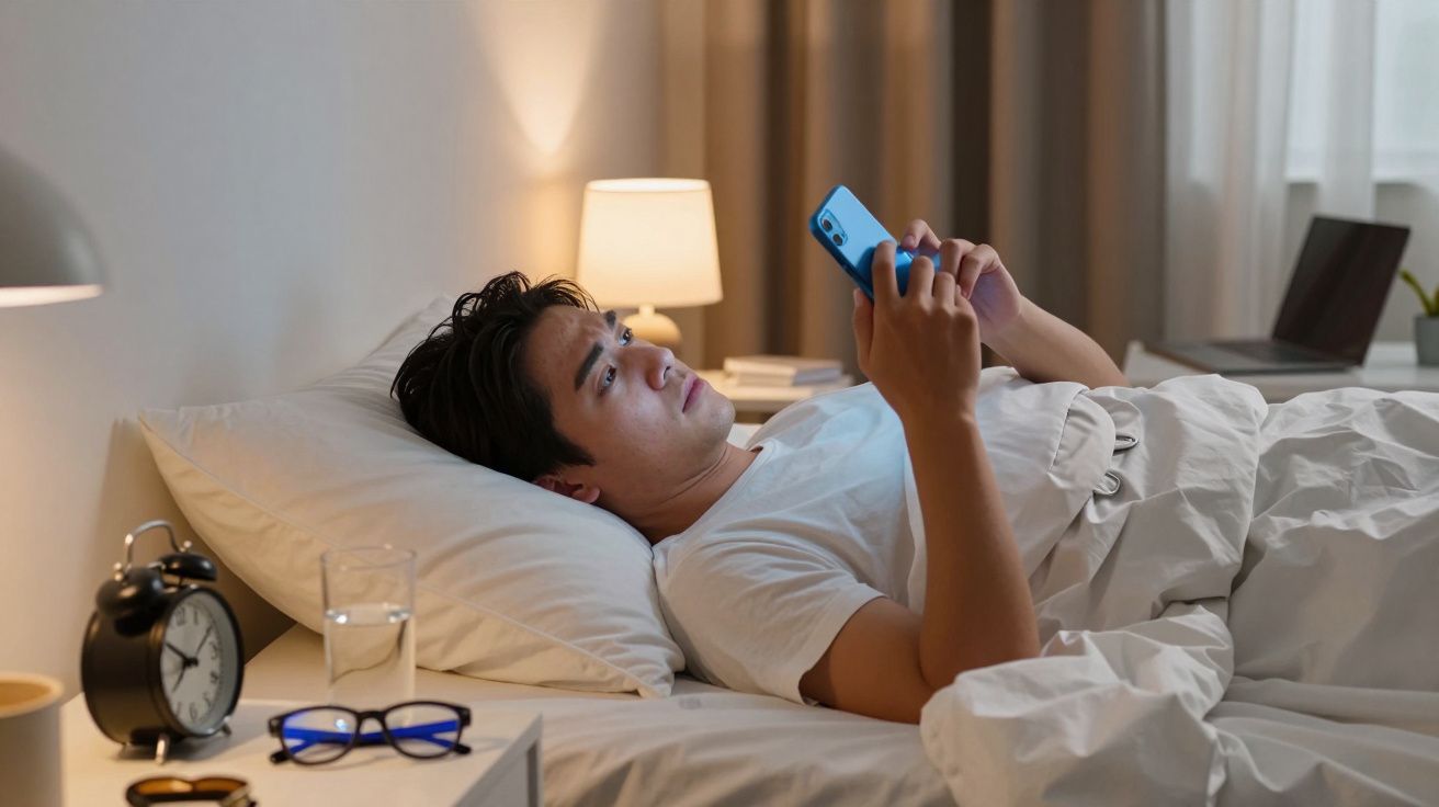 Homem deitado na cama à noite a olhar para o telemóvel, ao lado de mesa com despertador, óculos e copo de água.