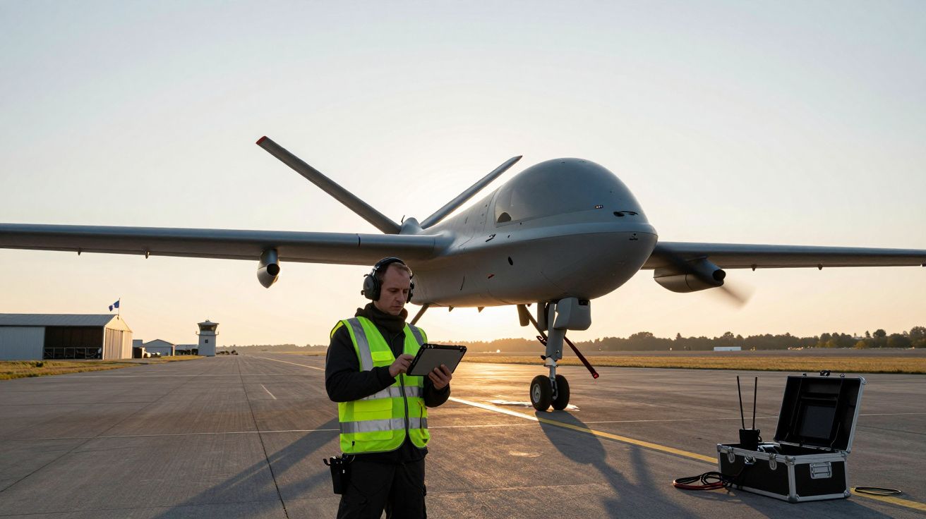 Homem com colete refletor verifica equipamento digital junto a um drone militar numa pista ao pôr do sol.