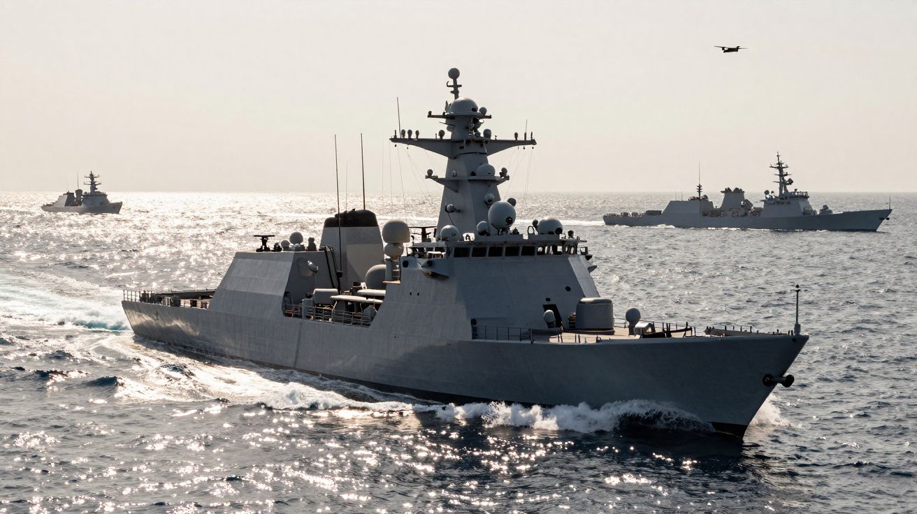 Fragata militar em mar aberto acompanhada por outras embarcações e um drone a sobrevoar.