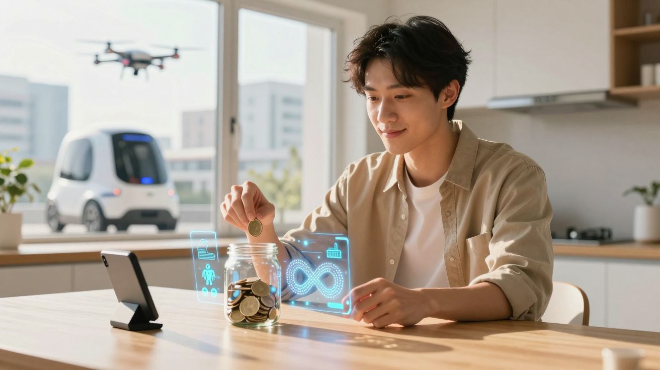 Jovem a colocar moeda num jarro com ícones digitais, drone e carro autónomo ao fundo numa cozinha luminosa.