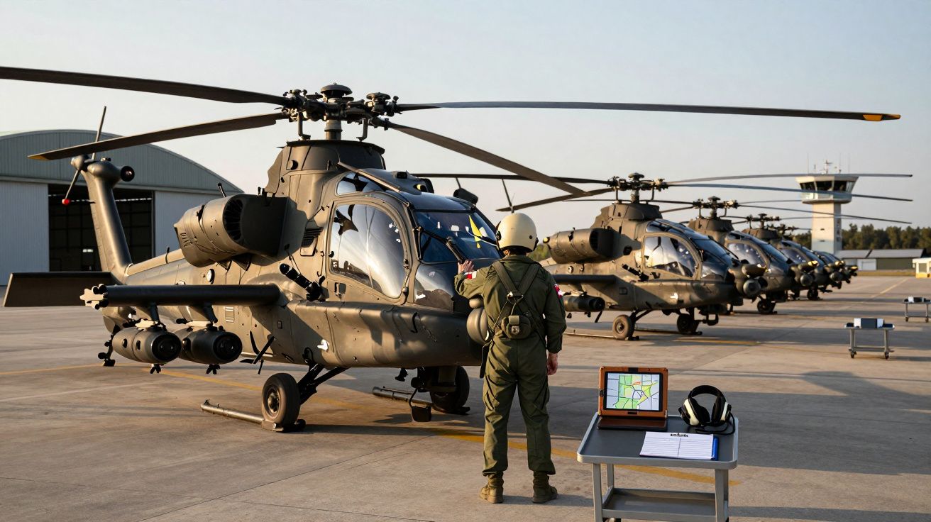 Helicópteros militares alinhados no chão com piloto de farda e capacete em frente, em base aérea ao entardecer.