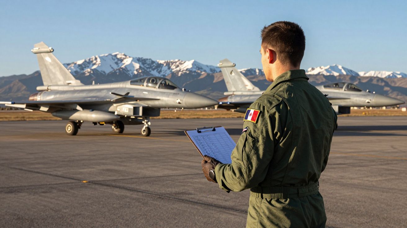 Militar com uniforme e prancheta observa dois jatos militares num aeródromo com montanhas ao fundo.