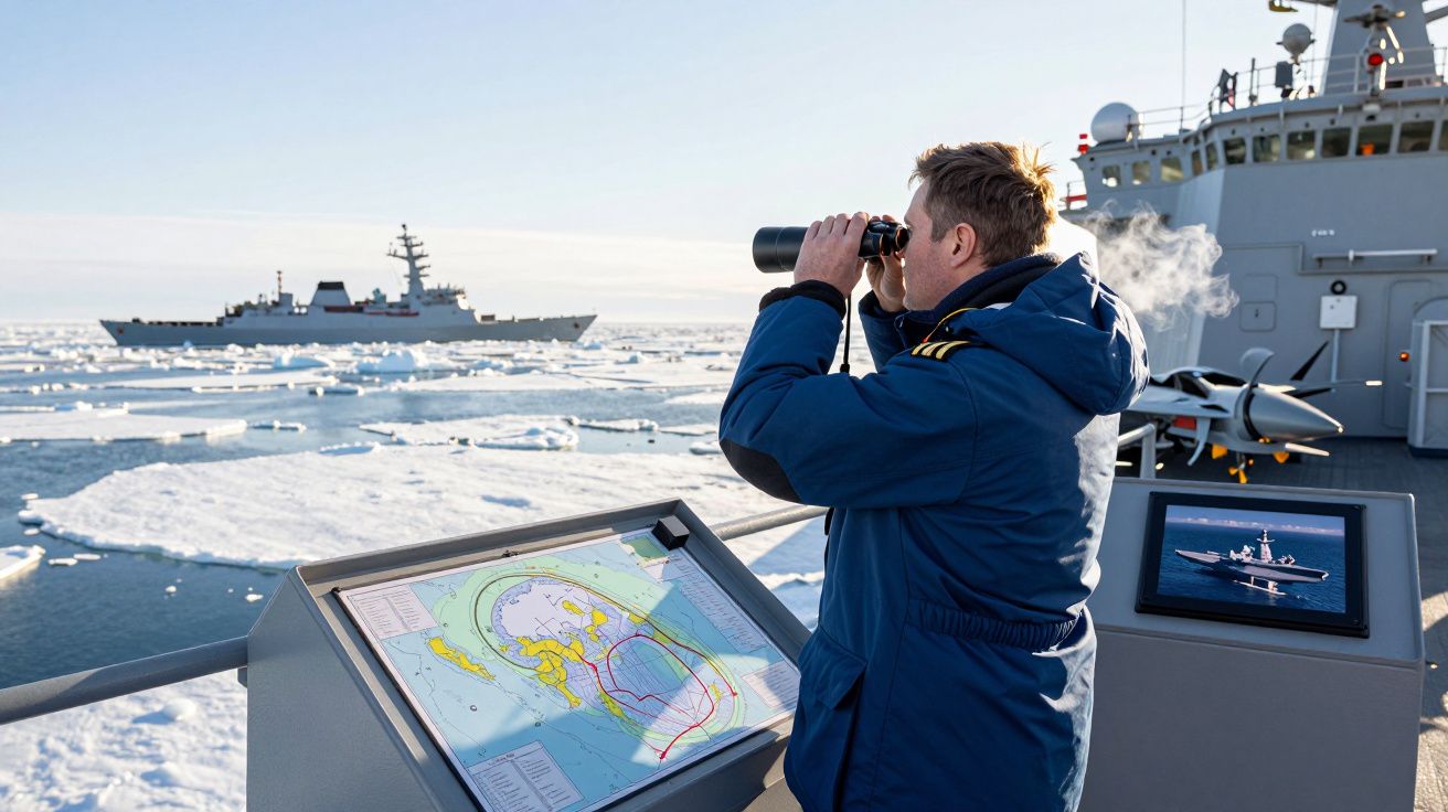 Homem de uniforme azul observa através de binóculos navio militar em águas geladas com placas de gelo.