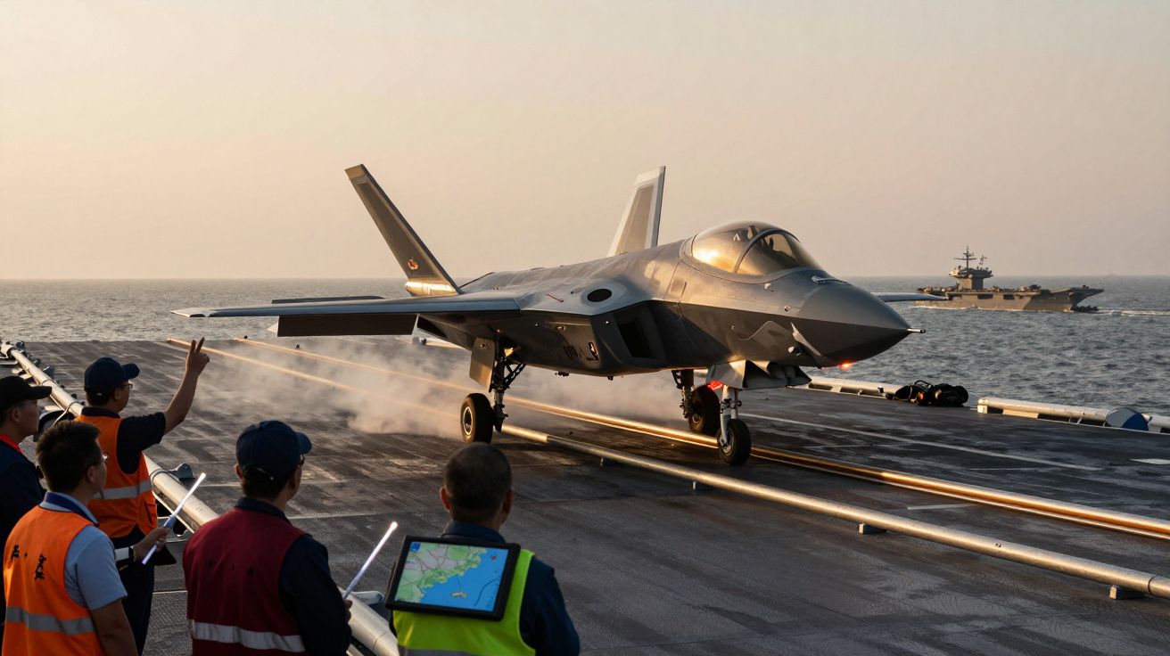 Caça stealth a descolar de porta-aviões com tripulação no convés e mar ao fundo ao pôr do sol.