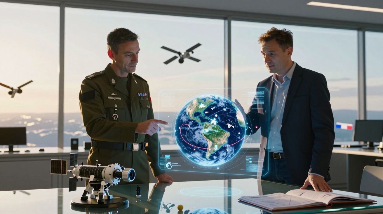 Dois homens, um militar e outro de fato, observam um holograma da Terra numa sala com janelas grandes e modelos de satélites.