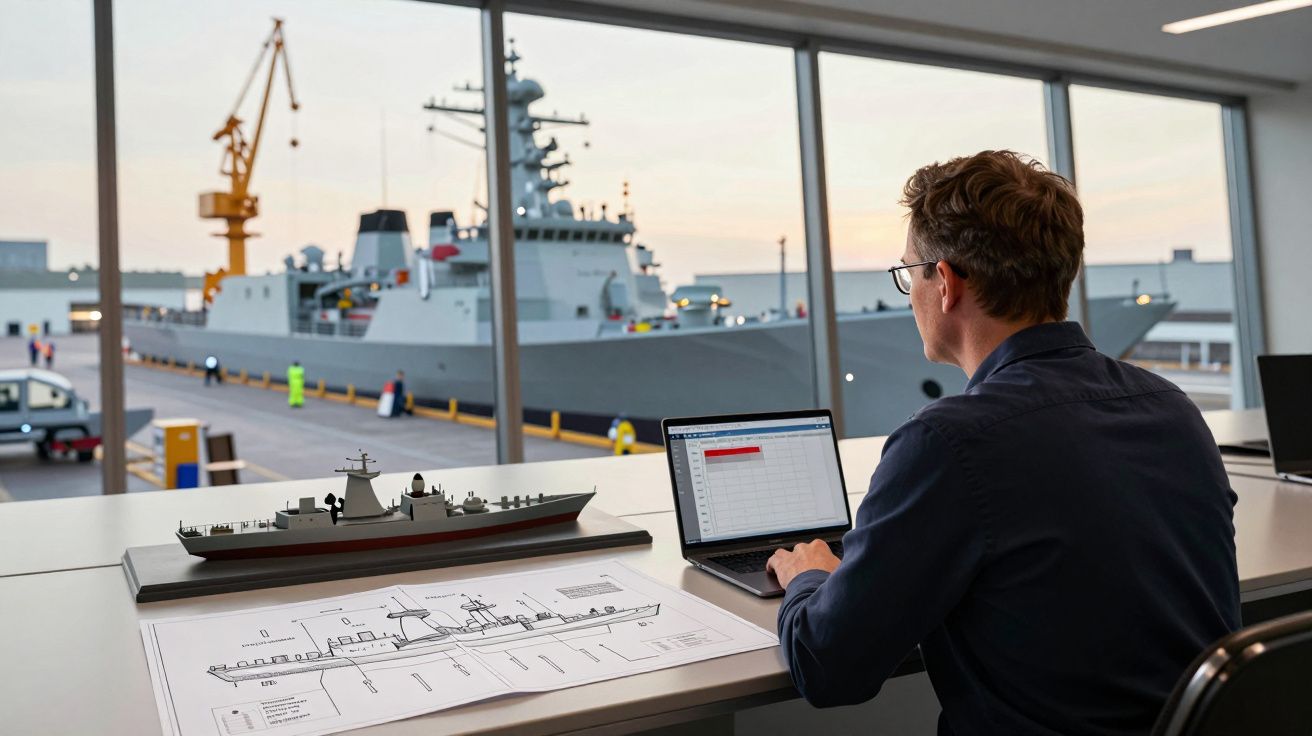 Homem a trabalhar num portátil com maquete e planta de navio de guerra, com navio real ao fundo no porto.